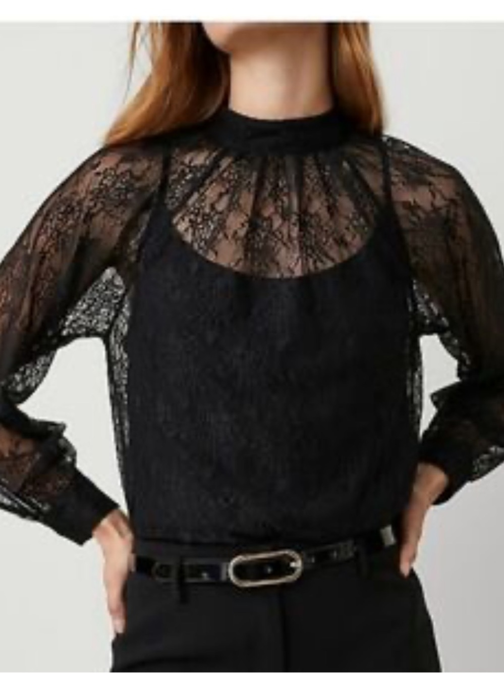 Ann Taylor Black Lace Sheer Mock-Neck Blouse‎